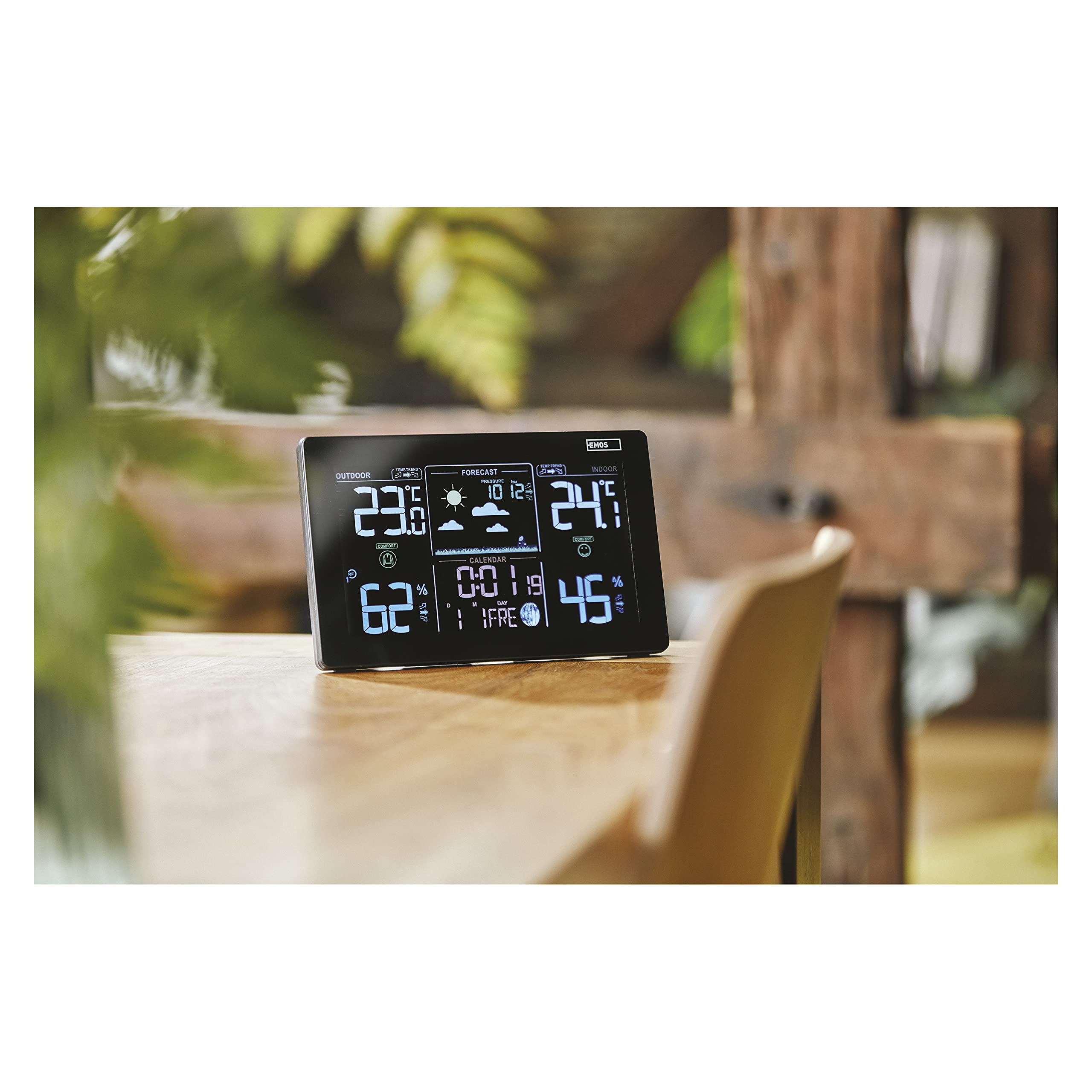 EMOS E5111 Stazione meteo radio per temperatura interna ed esterna con sensore esterno, display a colori, previsioni meteo, orologio radio, barometro, tendenza di pressione e temperatura, calendario,