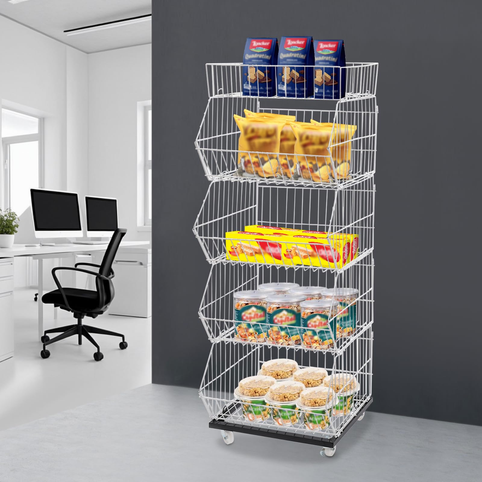 Retail Display Rack 5-Tier Market Merchandise Display Shelf Retail Fruit Vegetable Snack Basket w/Wheels Fruit Basket Stand Kitchen Snack Vegetable Storage (18.9''D x 17.72''W x 55.12''H-White)