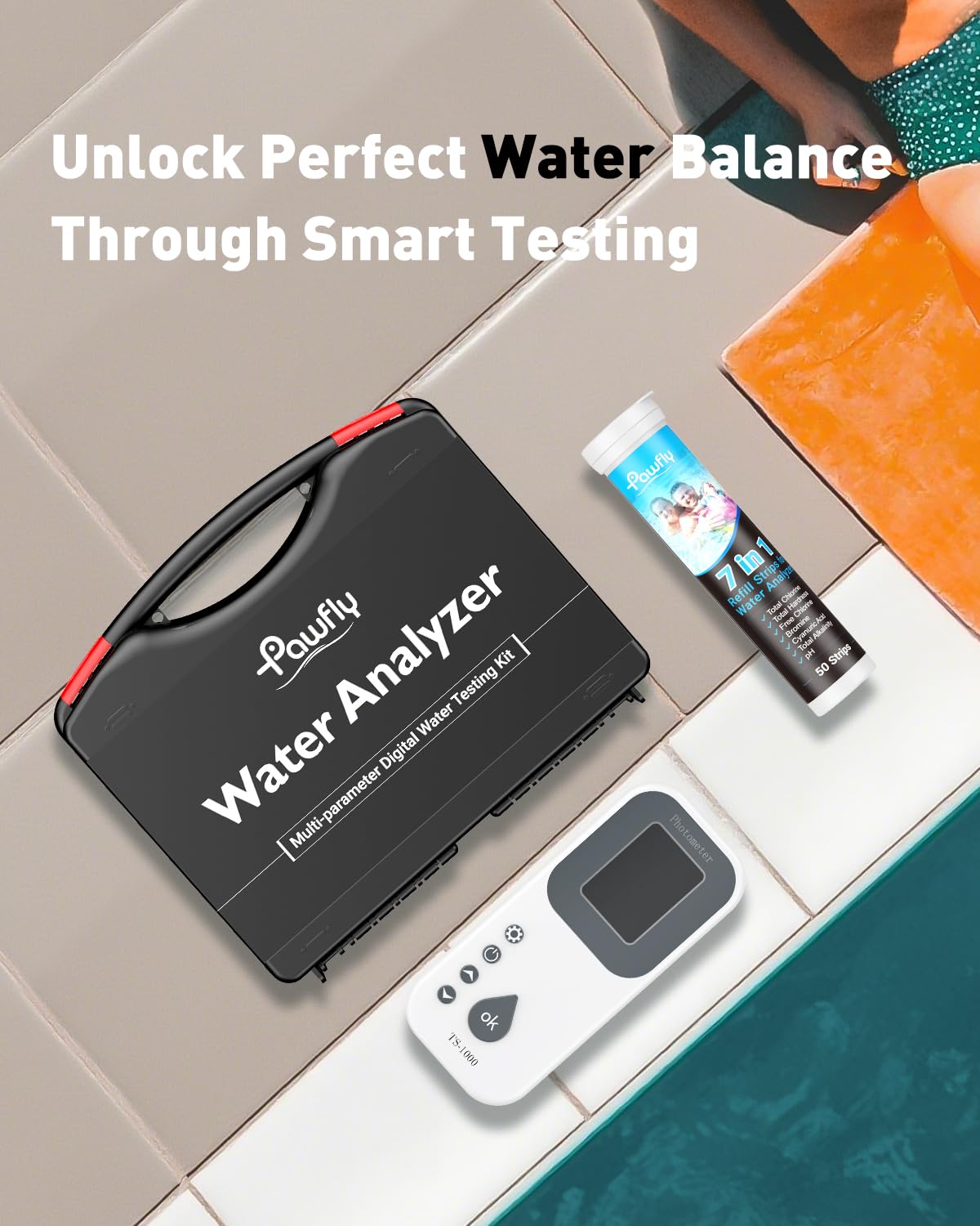 Pawfly 7 in 1 Kit Test Digitale Acqua 50 Strisce Tester per pH Durezza Totale Cloro Totale Cloro Libero Alcalinità Acido Cianurico e Bromo per Piscina e Idromassaggio