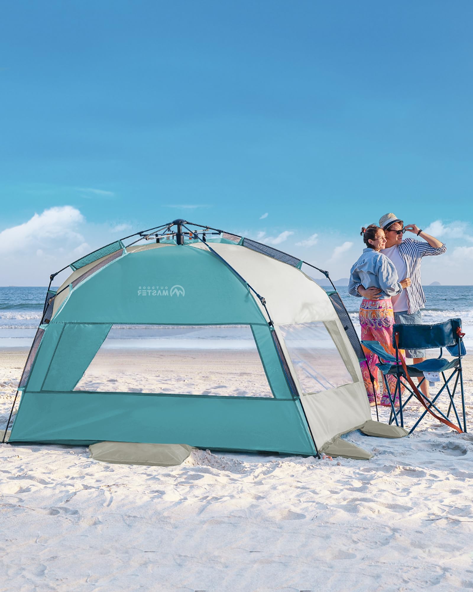 OutdoorMaster Tente de Plage Pop-up pour 3 à 4 Personnes XL – Installation Facile, auvent de Plage Pliable avec Protection UV UPF 50+, Lucarne de Toit Amovible, Taille familiale