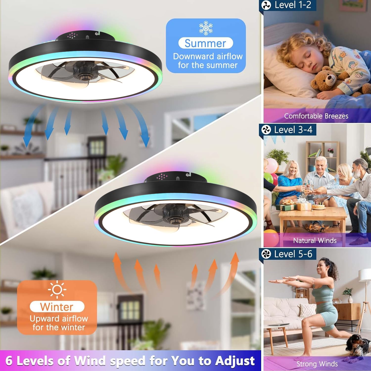 60W RGB Deckenventilator mit Beleuchtung, Leiser Deckenleuchte Mit Ventilator, Fernbedienung & APP, dimmbar (3000K-6500K), 50cm Lampe mit Ventilator, 6 Windstufen Timer, Schlaf- Wohnzimmer
