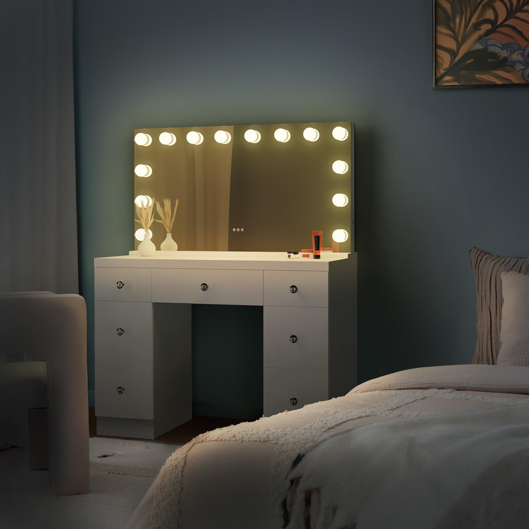 Coiffeuse Lerona avec Miroir Hollywood et éclairage LED, Table de Maquillage avec 7 tiroirs, Prises USB, Design Moderne, Couleur Blanc