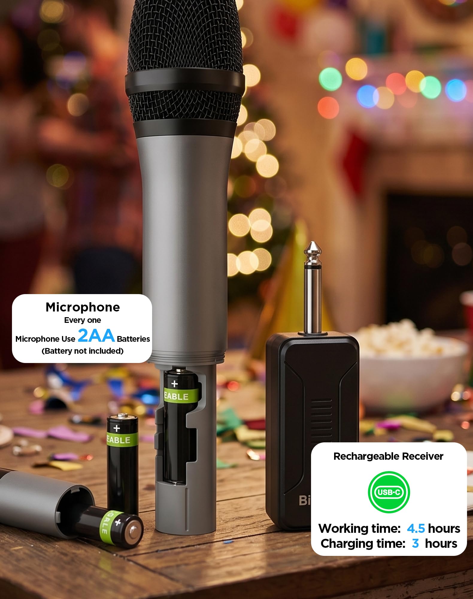 Wireless Microphone, UHF Wireless Dual Handheld Dynamic Mic System Set with Rechargeable Receiver, 260ft Range, 6.35mm(1/4'') Plug, for Karaoke, Voice Amplifier, PA System, Singing Machine, Church