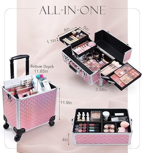 Miniatura 2 de Adazzo Estuche de aluminio 3 en 1 para maquillaje profesional con ruedas de rotación de 360 para maquillador, organizador de maleta cosmética con