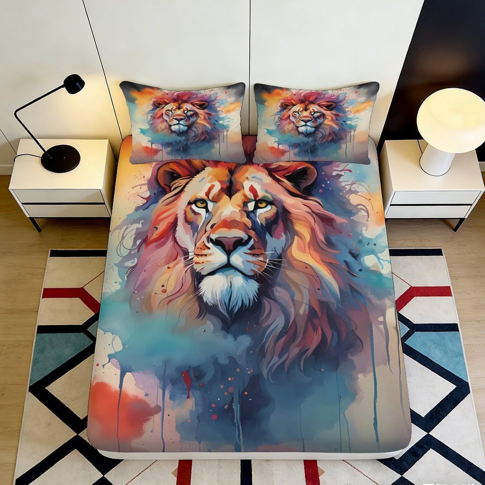 3D Printed Watercolor Lion Fitted Sheet Microfiber Soft Bed Cover for Bedroom Dorm Artistic Mattress Protection 90x200x25cm