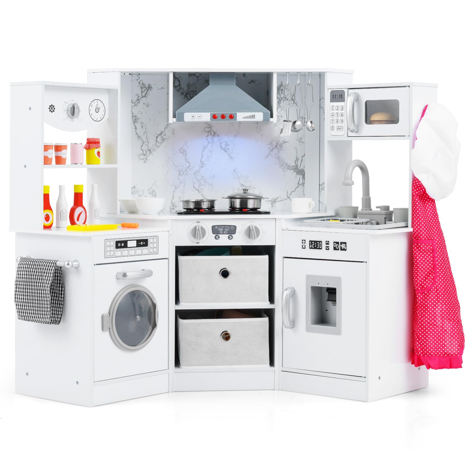 COSTWAY Kids Corner Play Kitchen, Wooden Pretend Toy Kitchen with Realistic Lights & Sounds, Running Water Circulation, Accessory Utensils, Children's Chef Role Play Set for Boys Girls (White)