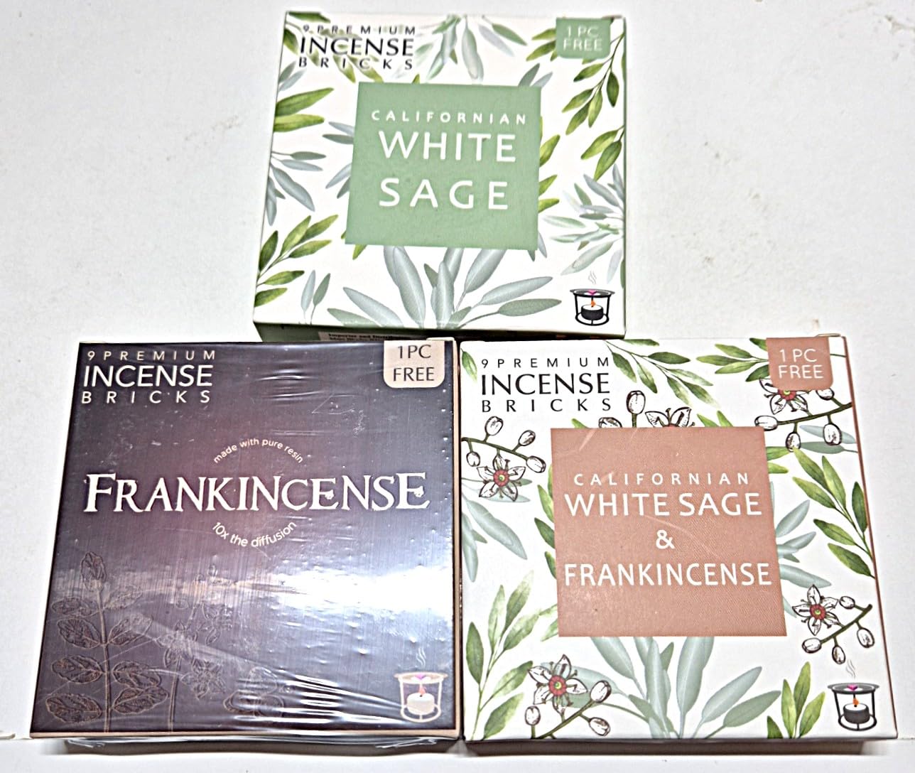 Aromafume Incense Bricks (3 Trays x 9 Pieces Each) 1 Tray each of White Sage, Frankincense, White Sage & Frankincense
