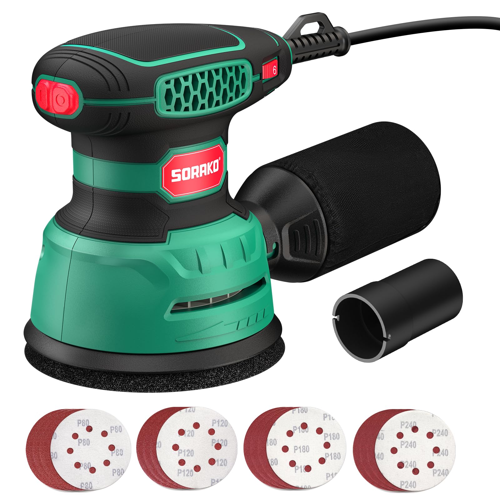 SORAKO Levigatrice orbitale 350W, 125 mm, 6 velocità, 16 fogli abrasivi, raccolta polvere, funzione frenante rapido, per progetti hobby in legno