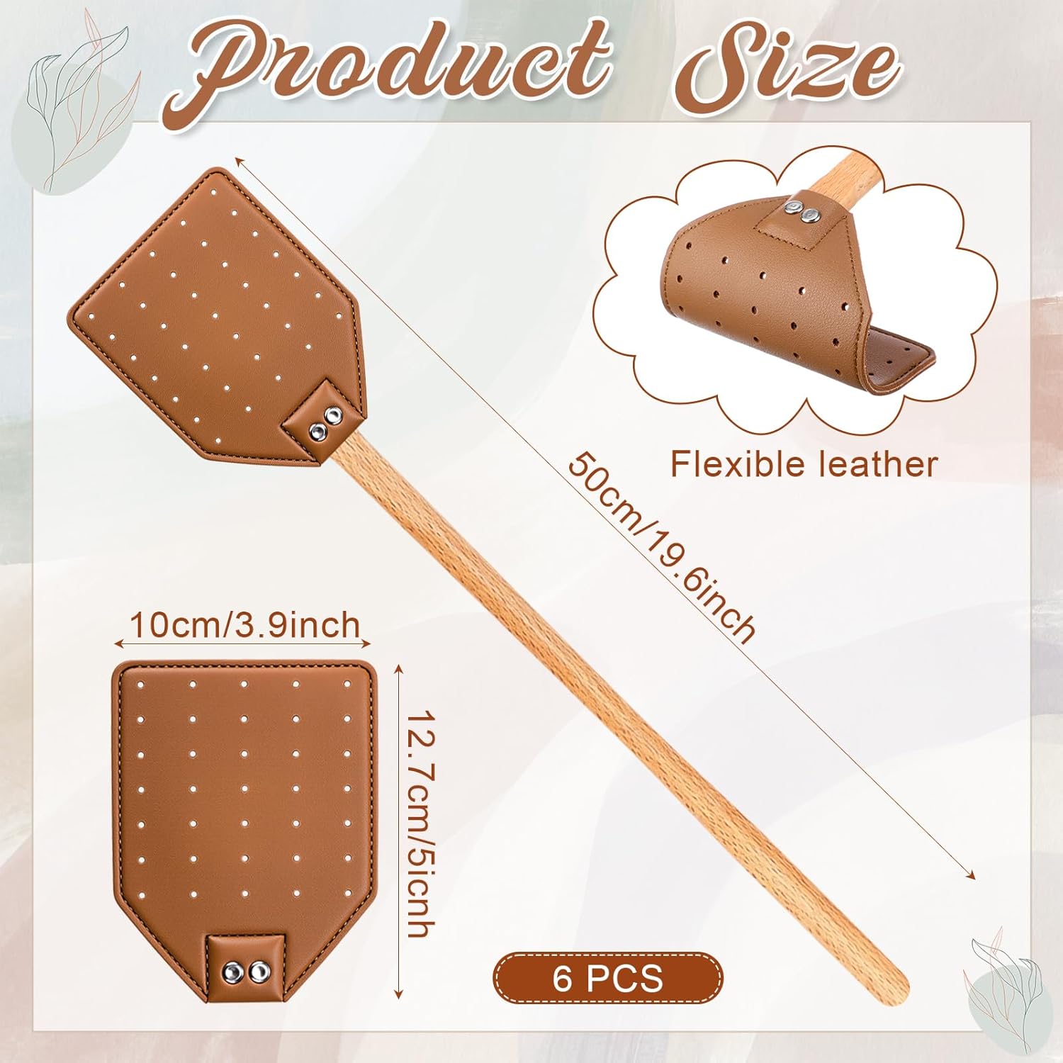 Sotiff 6 Pack Heavy-Duty Leather Fly Swatter Set - 19.7'' Handle Beech Wood Fly Swatters with Hanging Rope Rustic Style Bug Swatter for Indoors & Outdoor, Flies Mosquitoes Bees