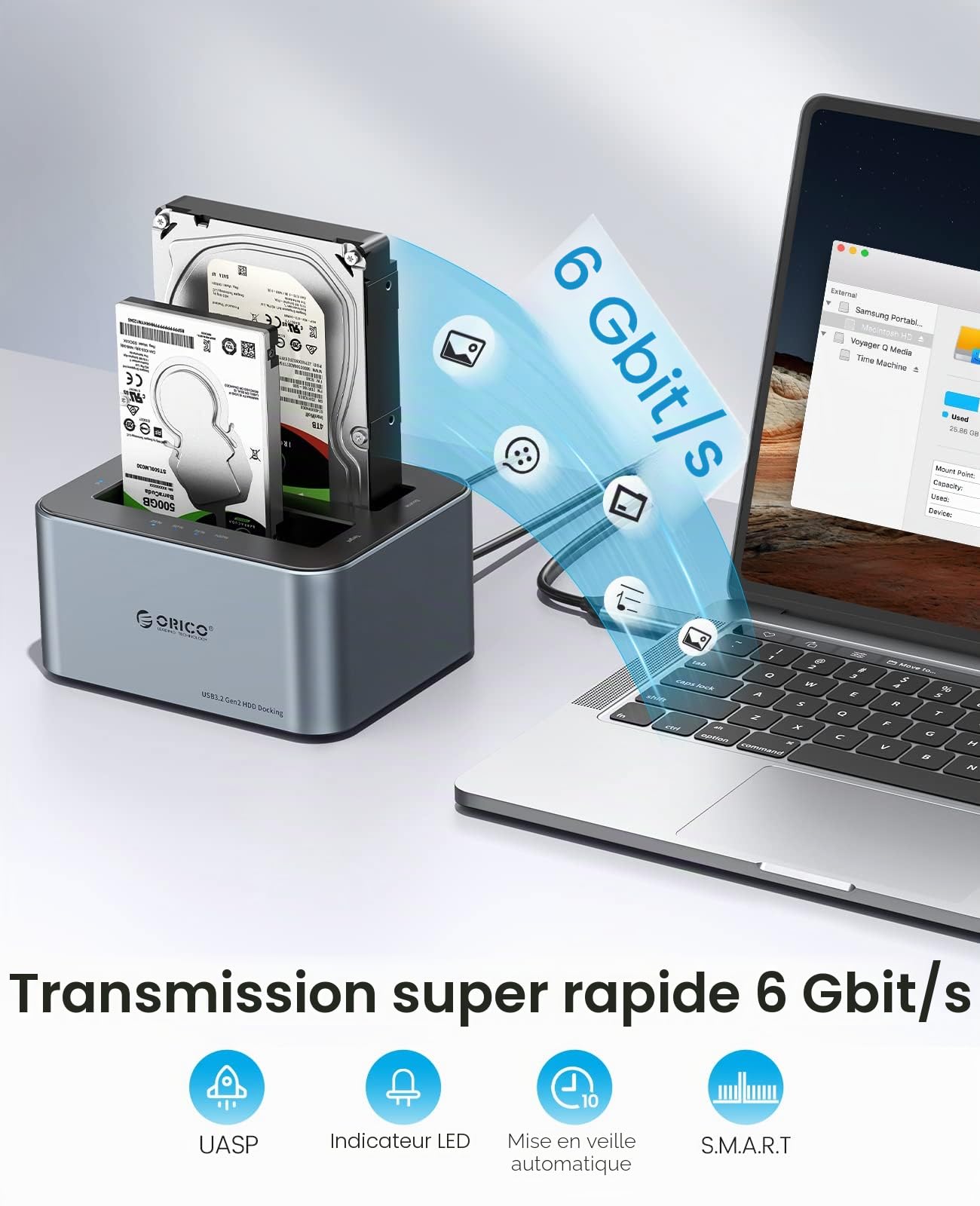 ORICO Aluminium Dual Stations d'accueil pour Disque Dur pour SATA de 2,5/3,5" SSD/HDD, avec UASP, Prend en Charge 2*18 TB, USB 3.2 Gen 2 Dock Disque avec 12V 2A Alimentation, sans Outil.(6626C-C3)