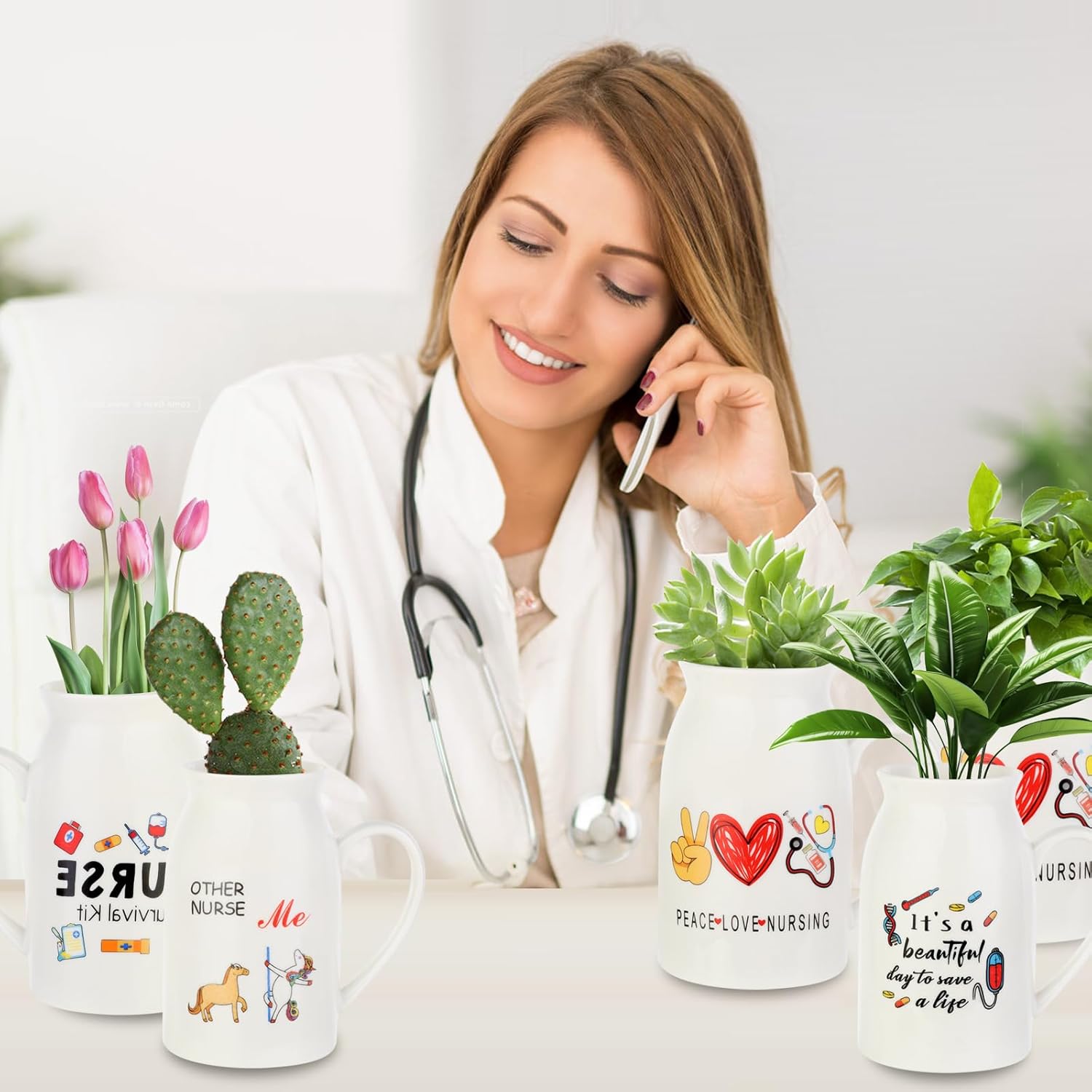 6 Pieces Nurse Nurse Ceramic Vase with Small Handle Rainbow Flower Vases Thank You Nurse Gifts for Women Best Nurse Gift (Plant Not Included)