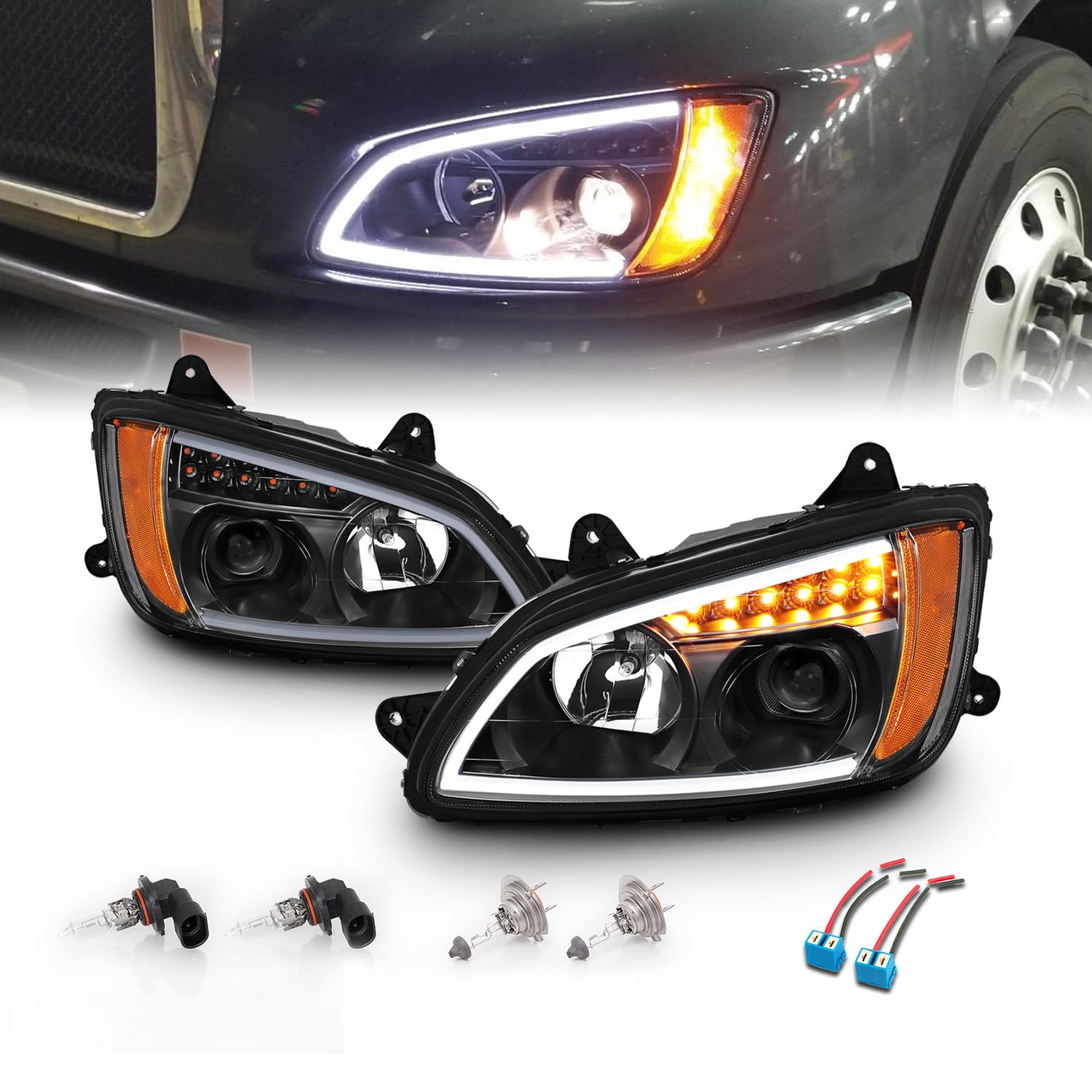 AmeriLite for 2008-2017 Kenworth T660 LED Bar Signal Black Projector Replacement Headlights Pair - Passenger and Driver Side