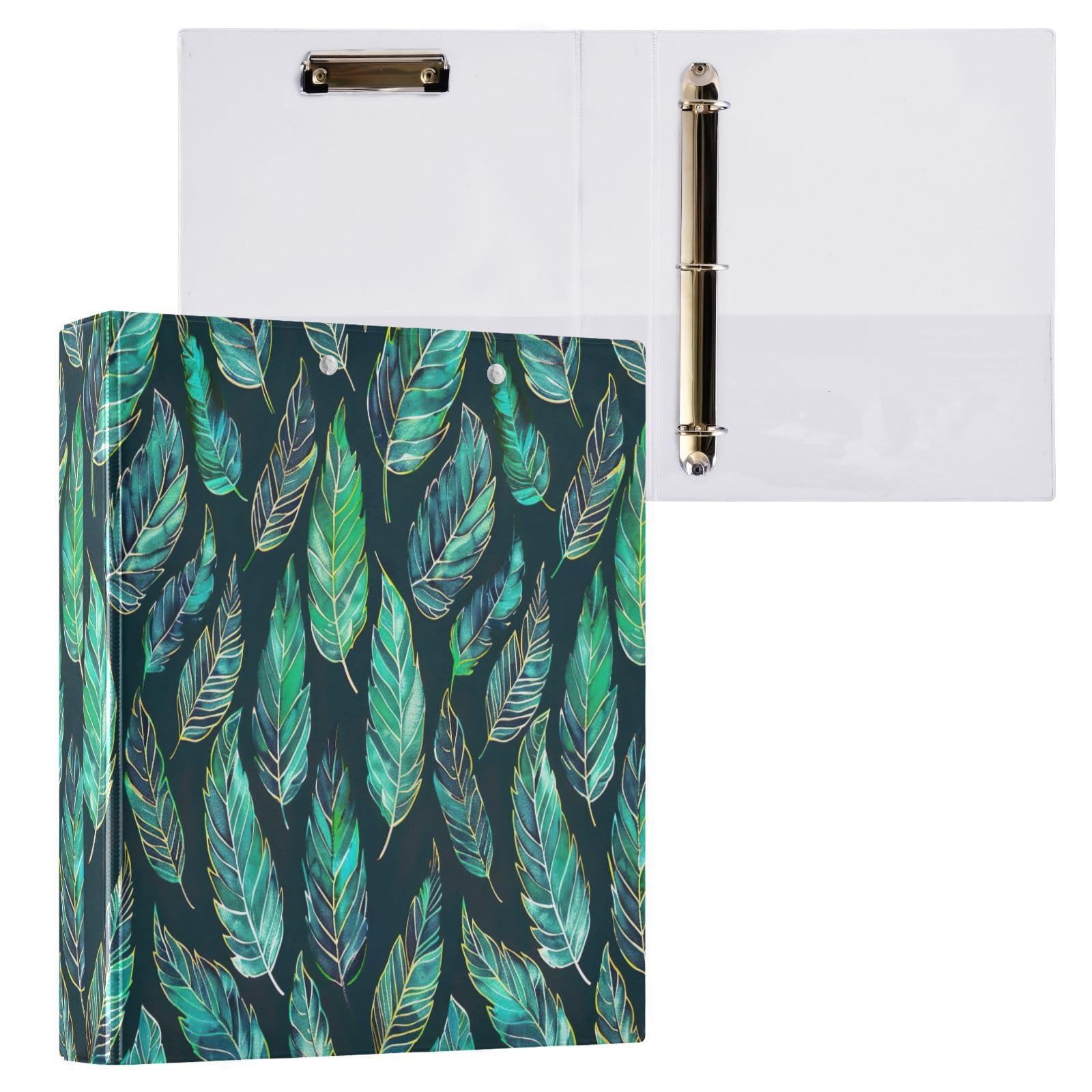 Raccoglitori a 3 anelli, 3,8 cm, con piume verdi, decorativi, rotondi, con clip in metallo, organizer per casa e ufficio, confezione da 2