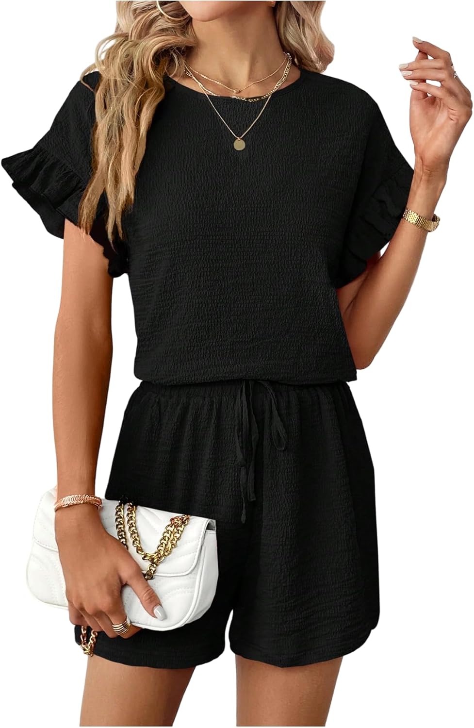 WDIRARA Women's 2 Piece Set Ruffle Short Sleeve Blouse and Drawstring Shorts Sets Casual Summer Outfits