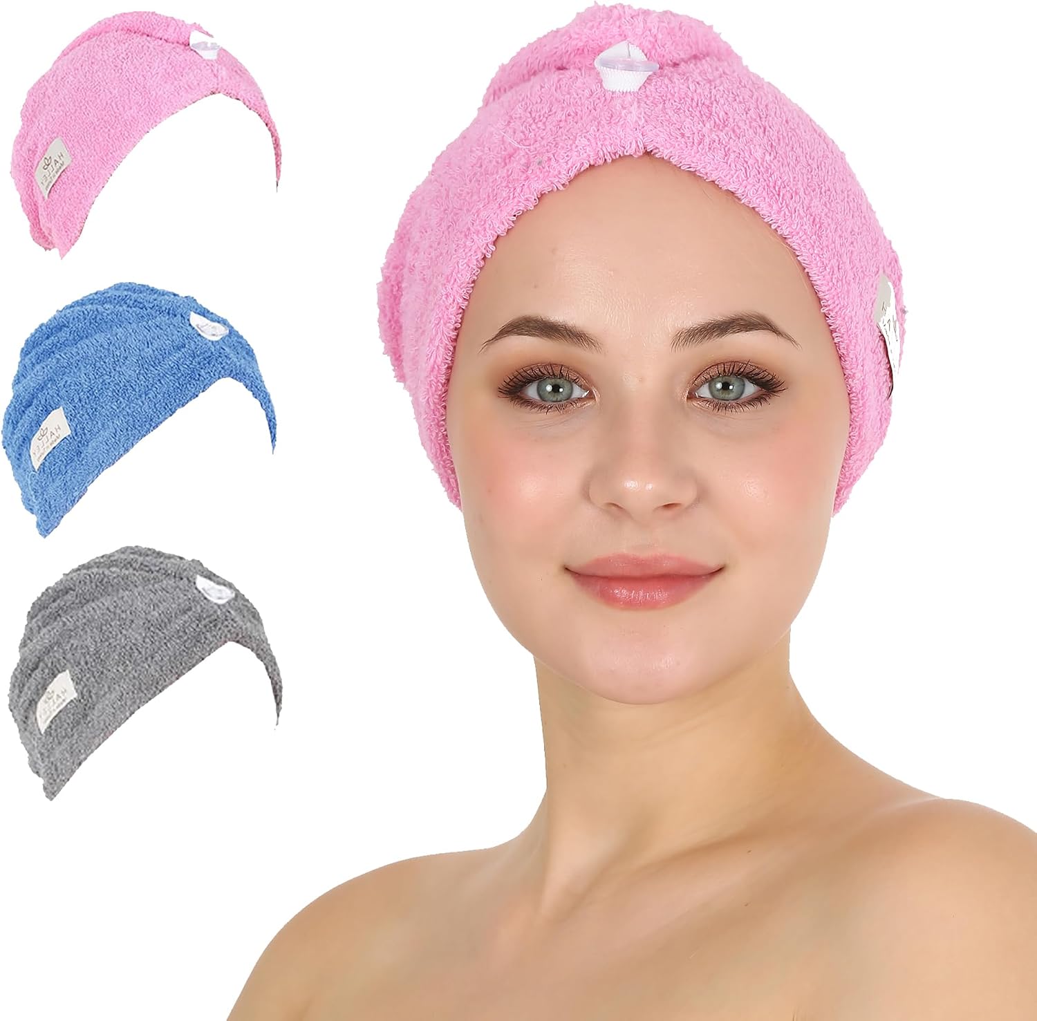 HALLEY Cotton Hair Towel Wrap (3 Packs) Super Absorbent Fast Drying Hair Towel for Thick Hair Turbans for Wet Hair with Button (Pink, Blue, Grey)