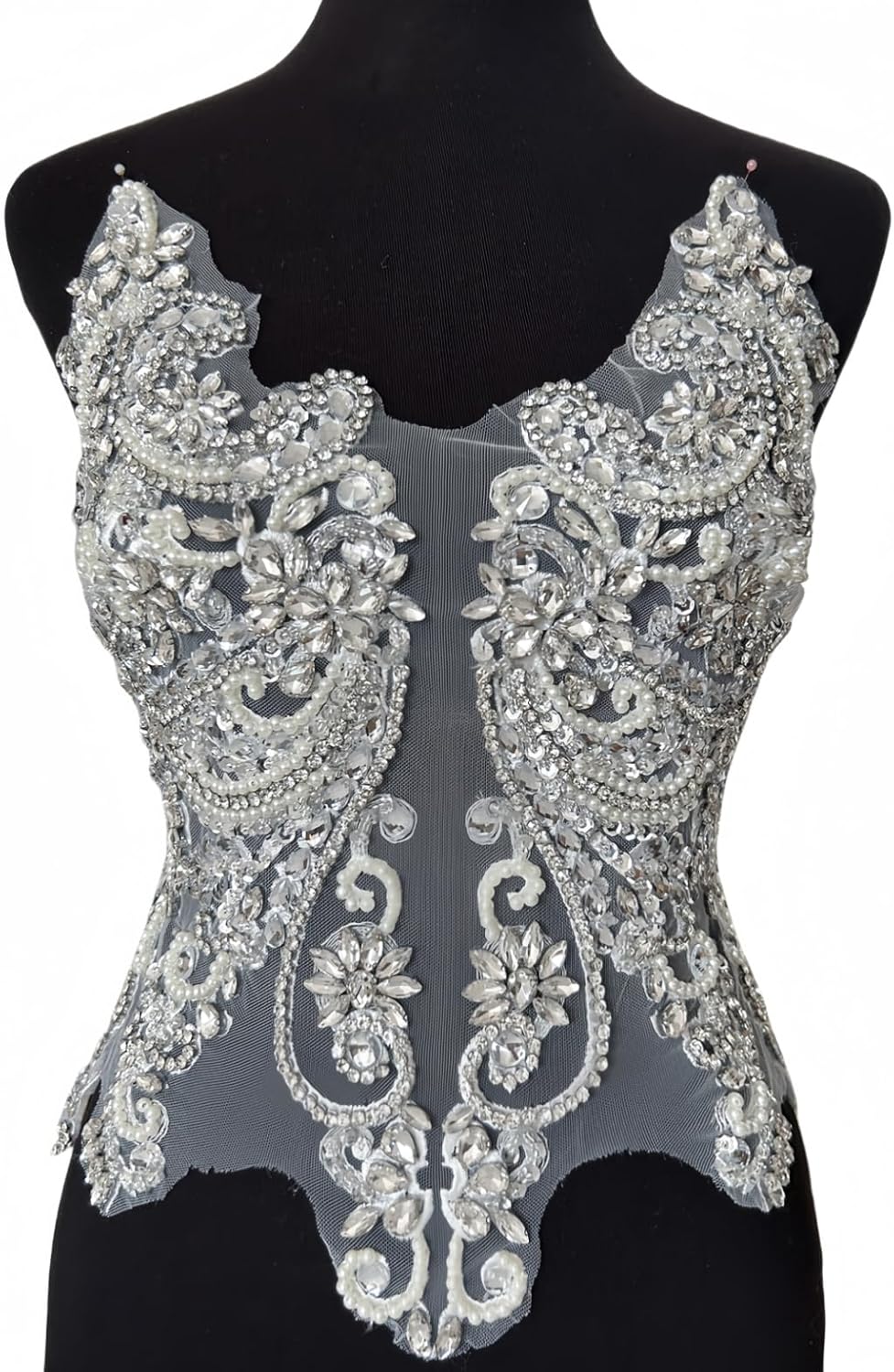 Handmade Rhinestones Lace Appliques Sew on Glass Beads Bodice Trim Patches Accessory for Dress Clothes (White)