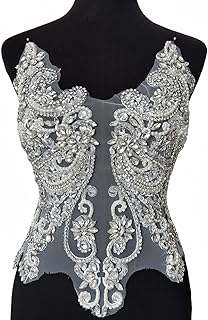 Handmade Rhinestones Lace Appliques Sew on Glass Beads Bodice Trim Patches Accessory for Dress Clothes (White)