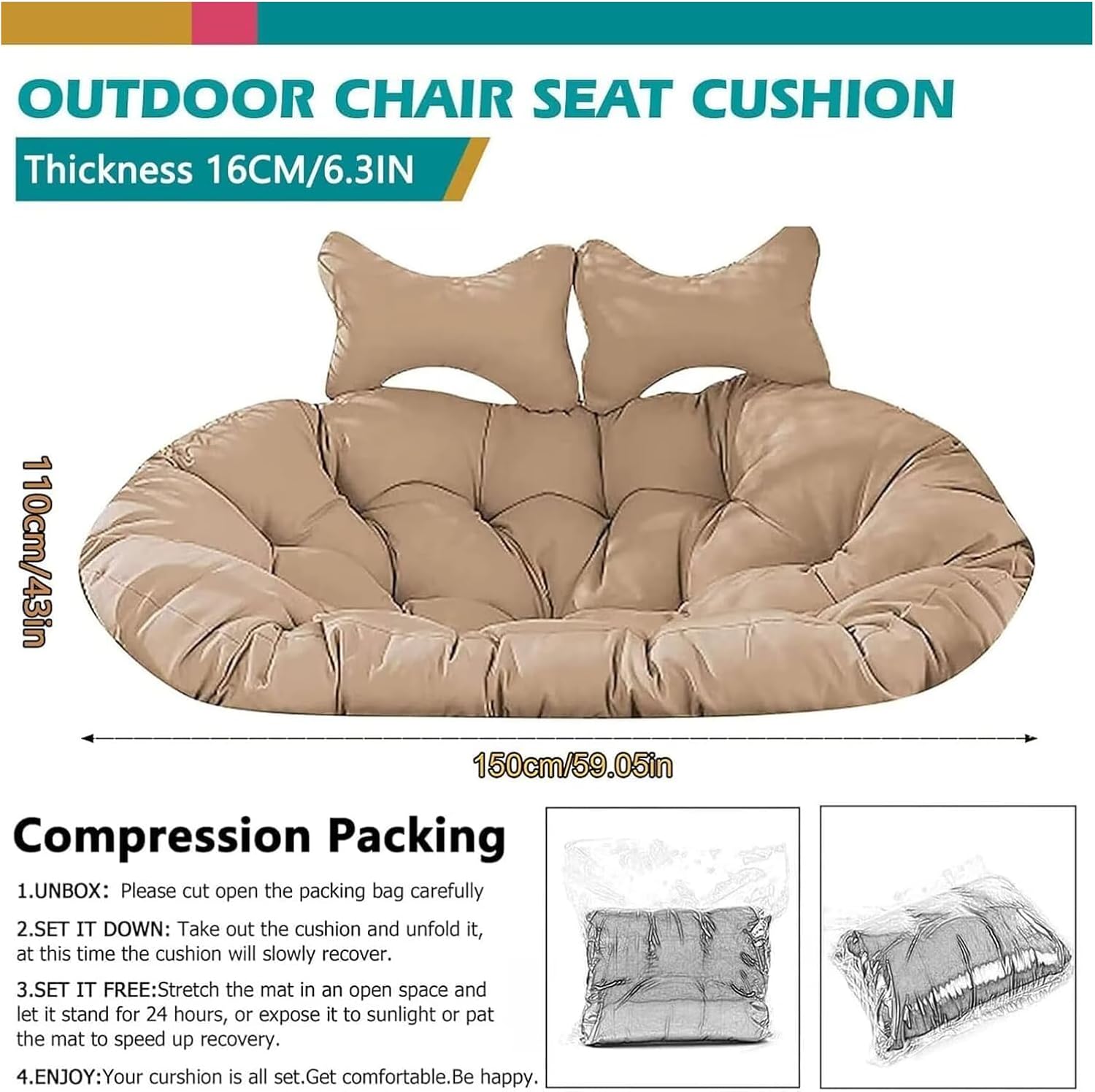 Double Egg-Shaped Chair Pad Replacement Set – Waterproof Outdoor Hammock Seat Pad with Straps, Thickened Woven Rattan Hammock Pad, Suitable for Double Seats, Pad Only Q