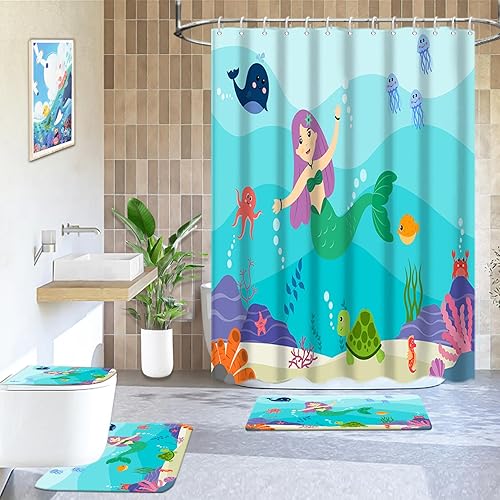 Lnond Juego de 4 cortinas de ducha para niños, juego de baño de sirena azul para decoración de baño con cortina de ducha, alfombras de baño