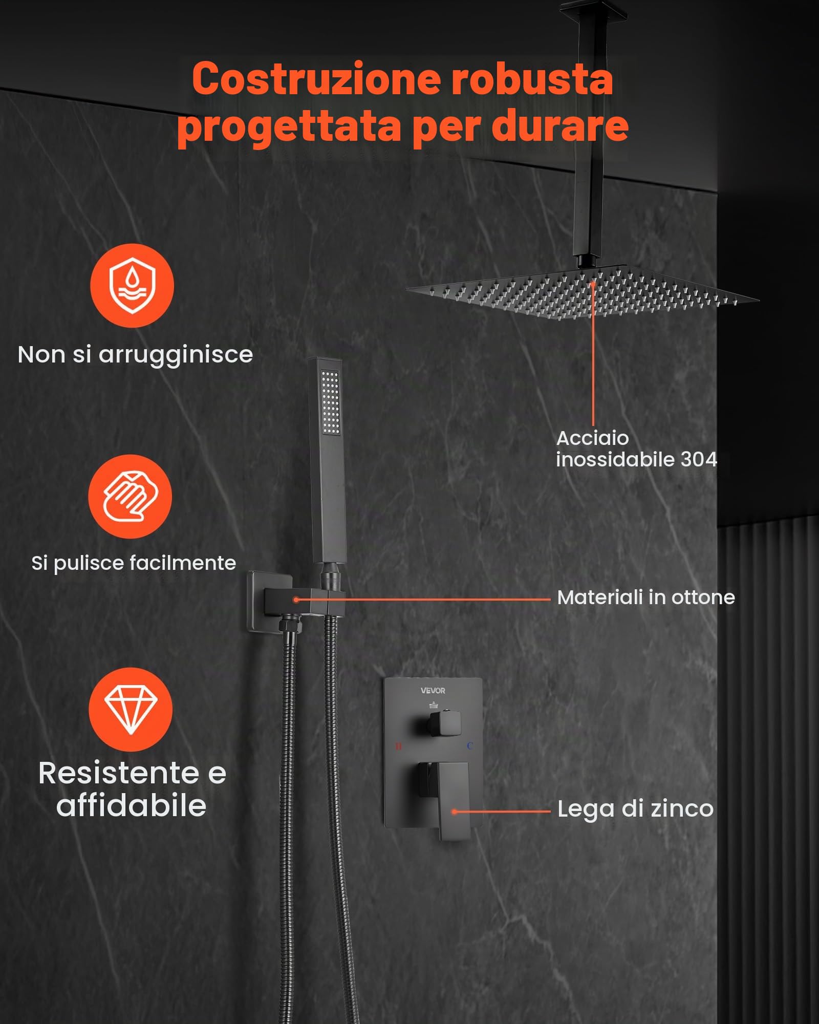VEVOR Sistema Doccia a Pioggia per Bagno con Soffione Quadrato 305 mm e Doccetta, Set di Rubinetti da Doccia a Soffitto, con Valvola in Ottone e Kit di Finitura, Rubinetto Doccia, Nero Opaco