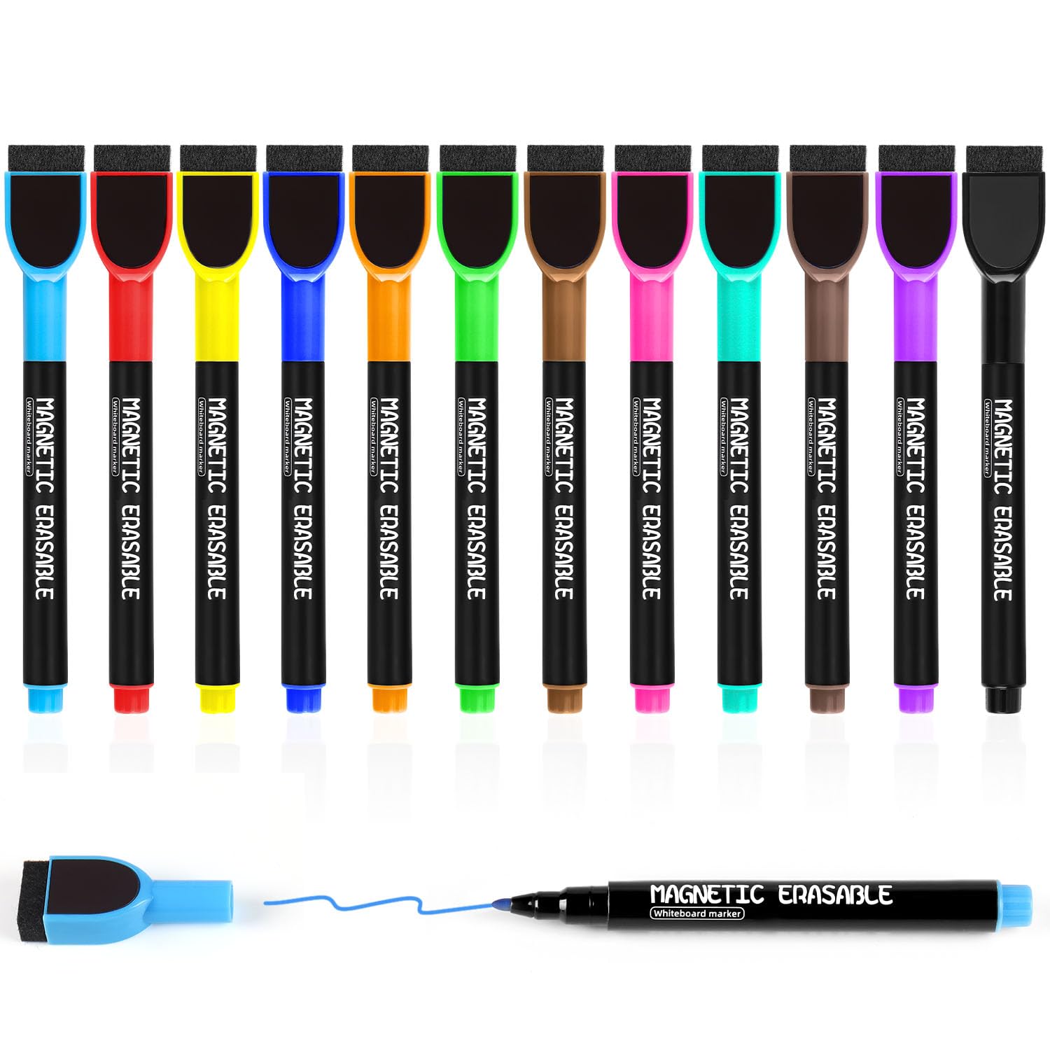 Rotuladores Pizarra Blanca, 12 Colores Rotulador Pizarra Blanca Magnética con Borrador, Marcadores Punta Fina de Bajo Olor Whiteboard Marker para Escuela, Oficina, Hogar