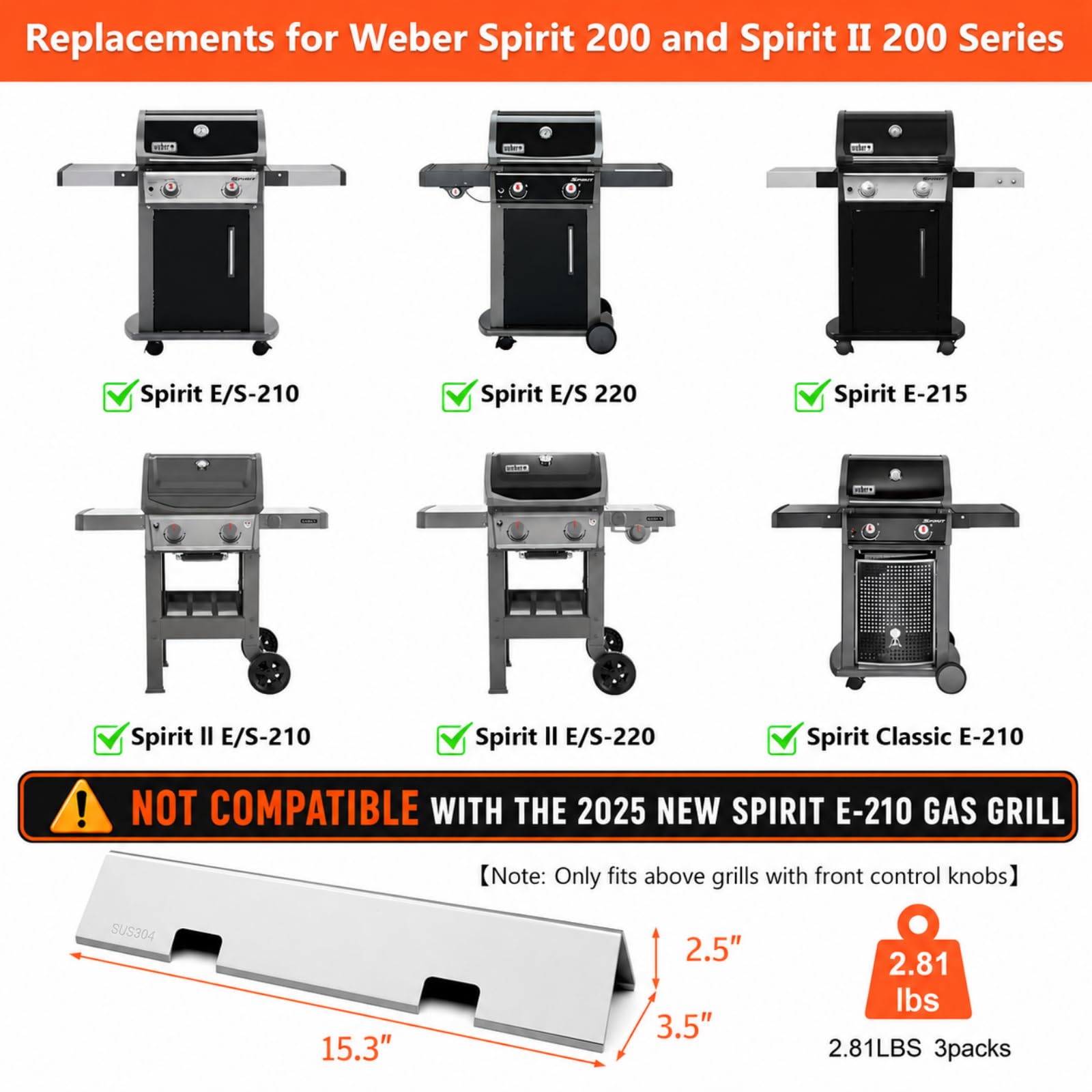 QuliMetal SUS304 15,3" Barre Aromatizzanti per Weber GS4 Spirit II 200, Spirit II E-210, Spirit E-210, Spirit 200 Series