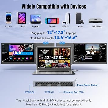 KEFEYA Laptop Screen Extender 15.6, 1080P FHD IPS Ultra-Slim Triple Portable Monitor for Laptop 12-17.3, Eyes Care HDR Travel Monitor, USB-C/HDMI Plug-Play Monitor Extender for macOS/Win and Phone