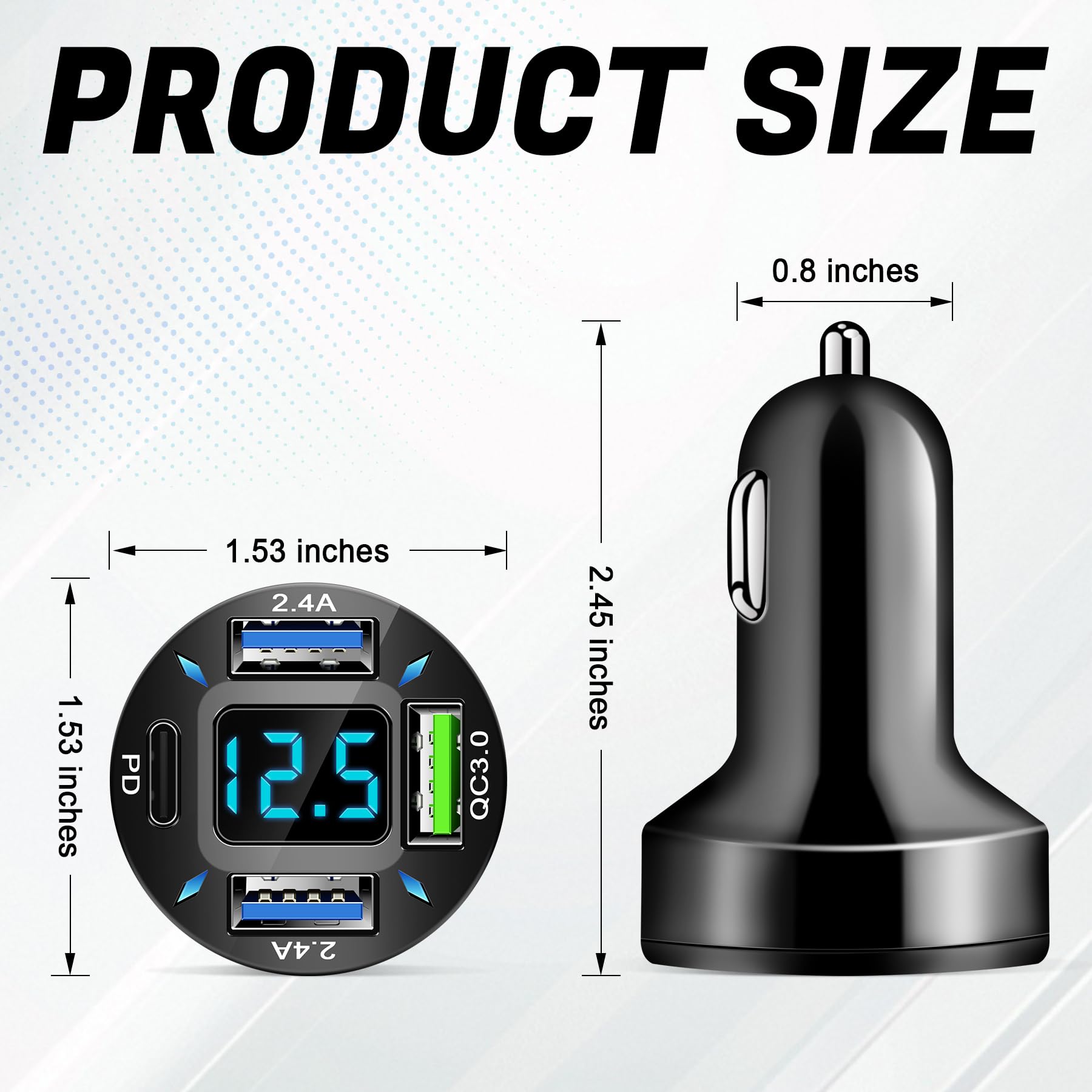 LivTee Kfz-Ladegerät mit 4 Anschlüssen, 12-24 V Zigarettenanzünder-Adapter mit 3 USB- und 1-USB-C-Anschluss, unterstützt QC/PD-Schnellladung, verfügt über Digitalanzeige und LED-Lichter, passend für