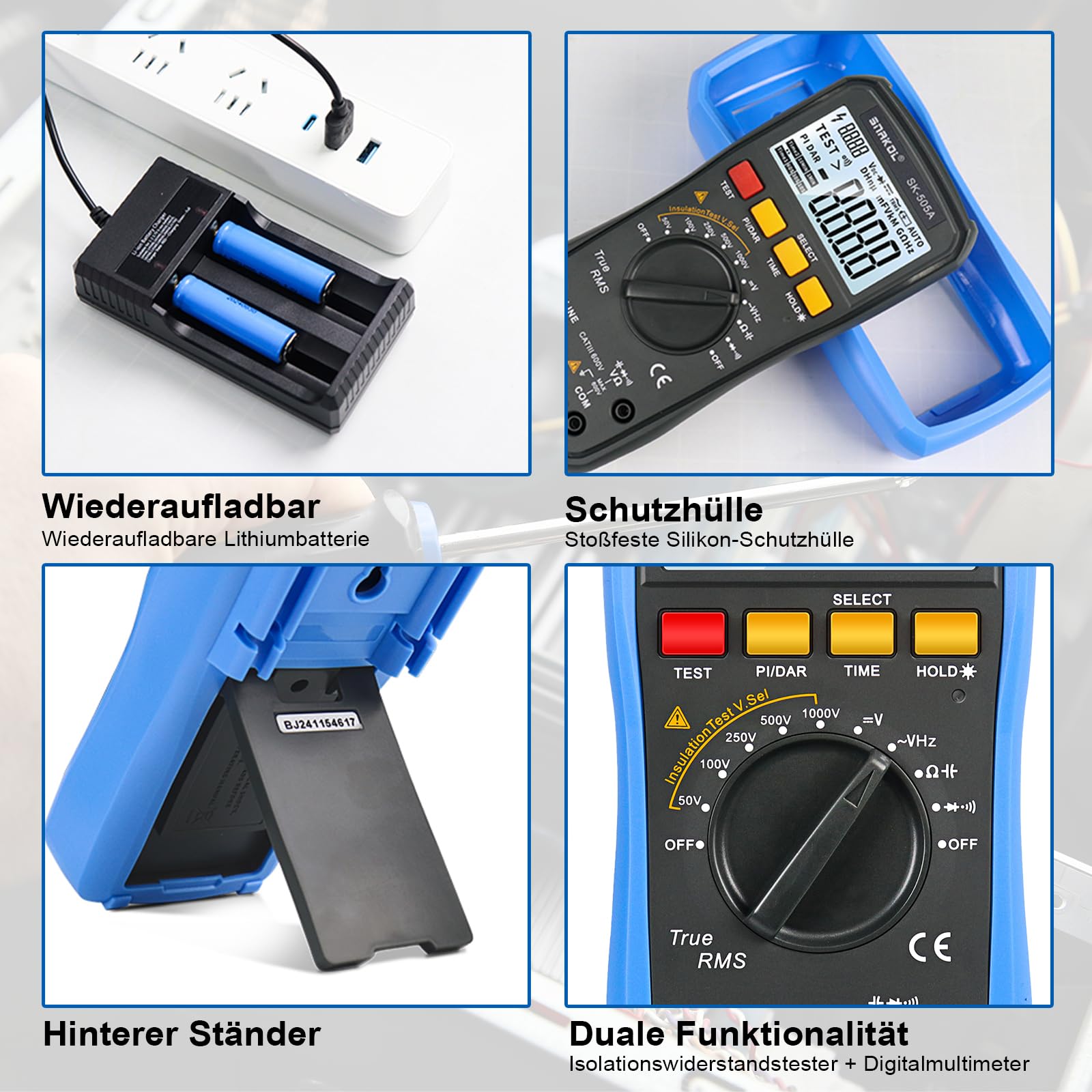 Isolationswiderstandsmessgerät + Digital multimeter-Kombigerät Megohmmeter-Spannungsbereich: 50 V–1000 V Widerstandsbereich: 0,05 MΩ–20 GΩ Digital multimeter misst Wechsel-/Gleichspannung, Widerstand