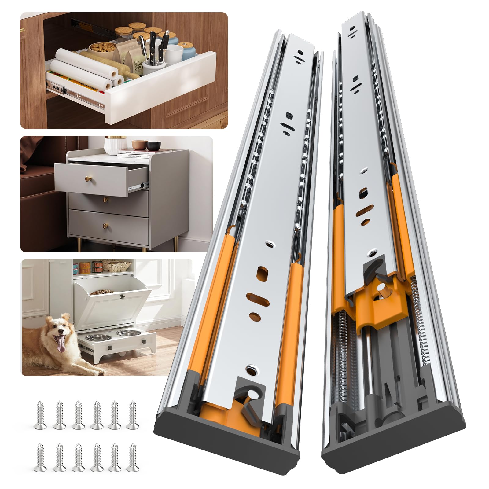 Furniware 1 paio di guide scorrevoli per cassetti da 50,8 cm, montaggio laterale, cuscinetti a sfera a estensione completa a 3 pieghe, resistenti, per armadietti da cucina, silenziosi, scorrevoli