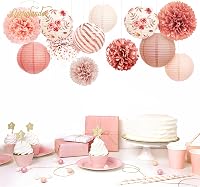 NICROLANDEE Rózsaszín Esküvői Dekoráció Szett - 12 db Rózsaarany Papír Lampion és Selyempapír Pompom - Esküvő, Babaváró, Születésnapi Party  4