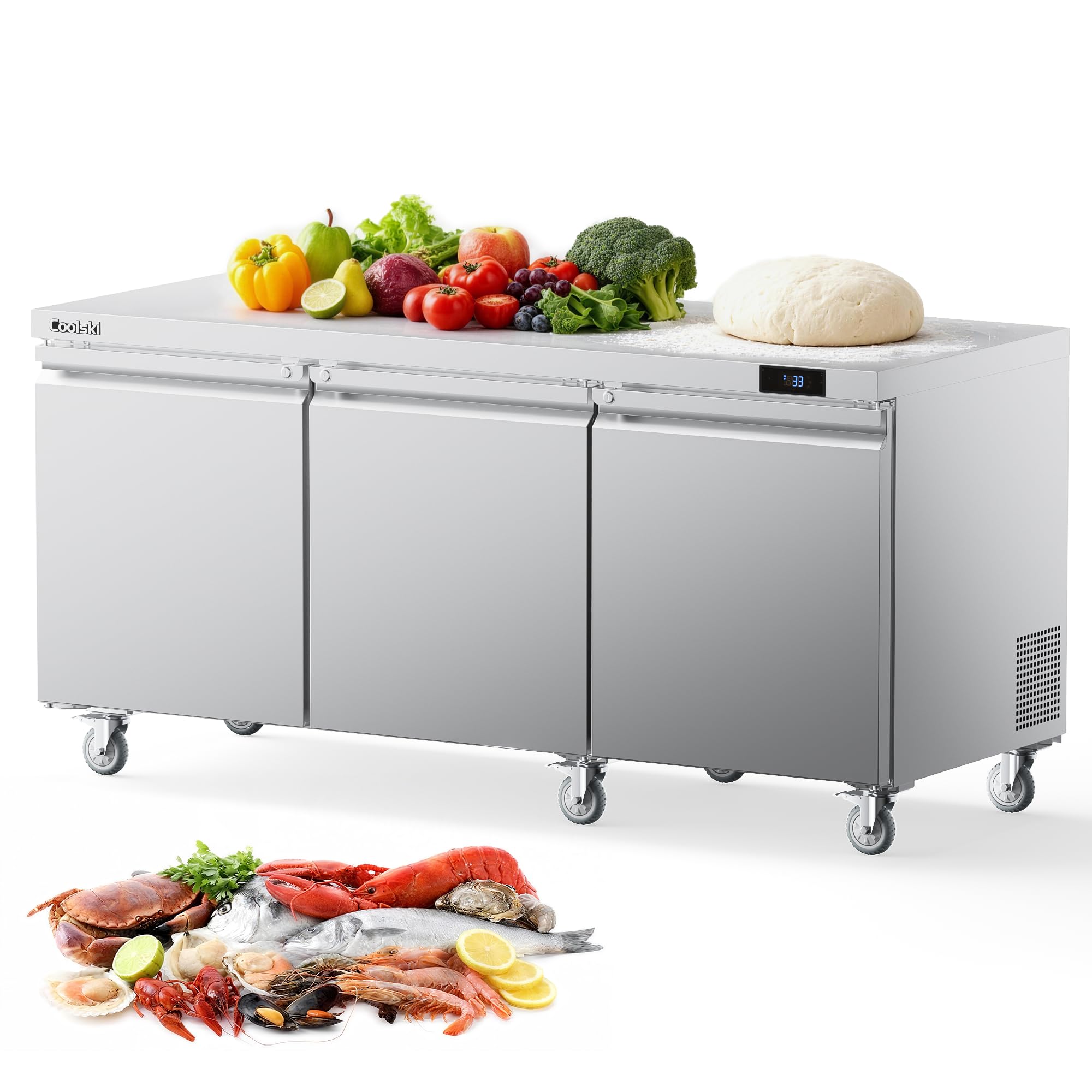 Coolski 72”W Commercial Undercounter Refrigerator, 20.9 Cu.ft. Freestanding Stainless Steel, 3 Door Under Counter Industrial Worktop Fridge for Restaurant, Bar, Shop, Kitchen Use