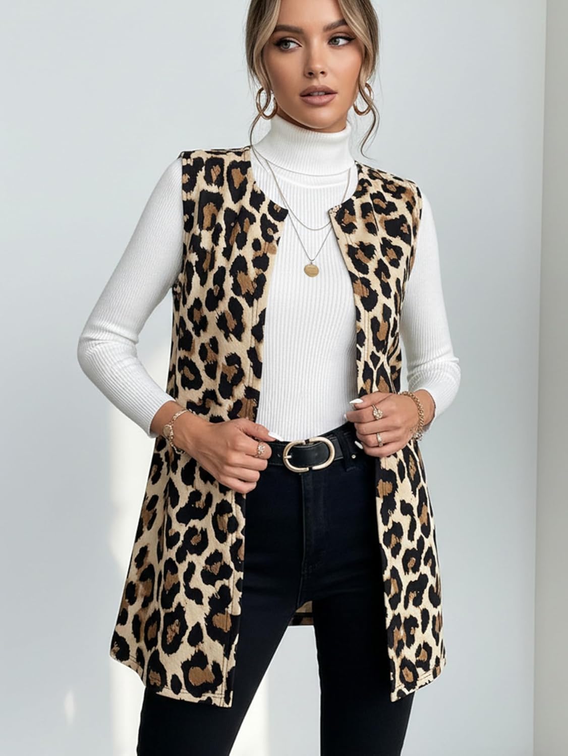 Women's Leopard Print Long Vest Vintage Open Front Sleeveless Dressy Casual Vest Jacket Outerwear - Image 4