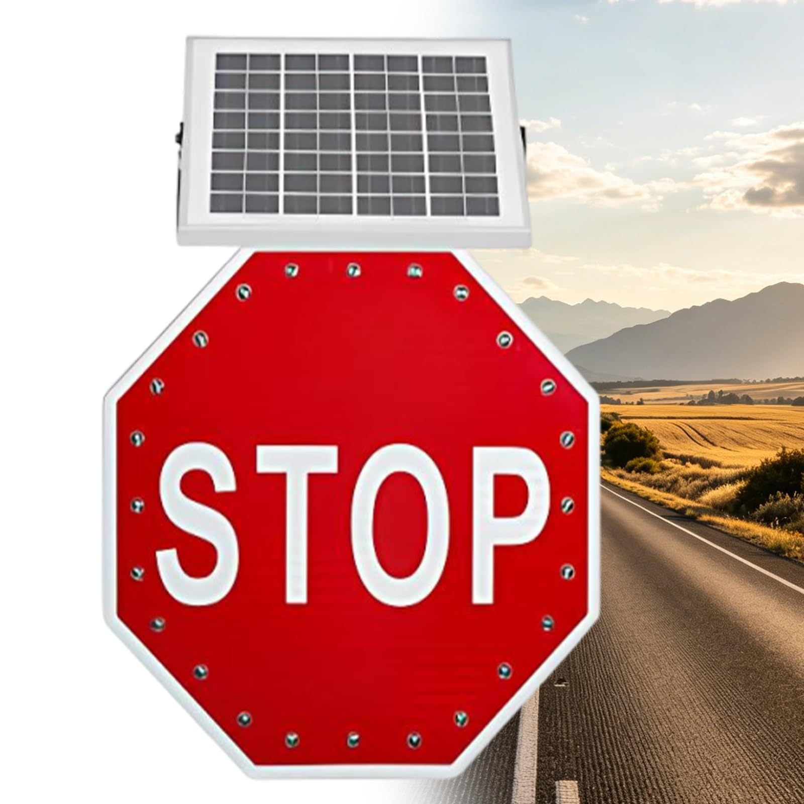 Cartel Reflectante Octogonal con Energía Solar, Señal Vial LED Alta Visibilidad, Marco en Aluminio, Visibilidad de 500m, para Carreteras Provinciales y Obras Viales(30")