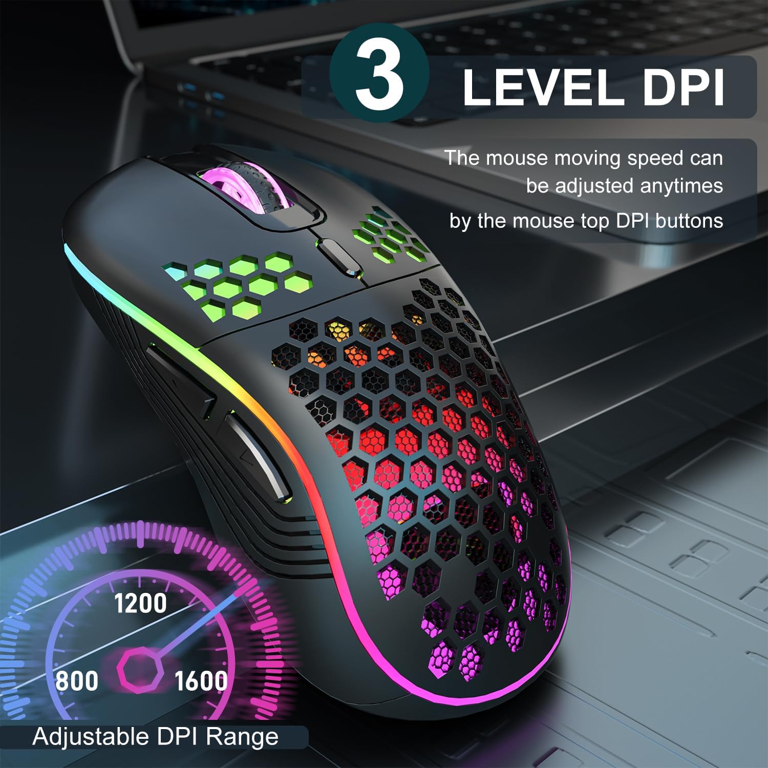 AVMTON Wireless Gaming Mouse showing 3 DPI levels