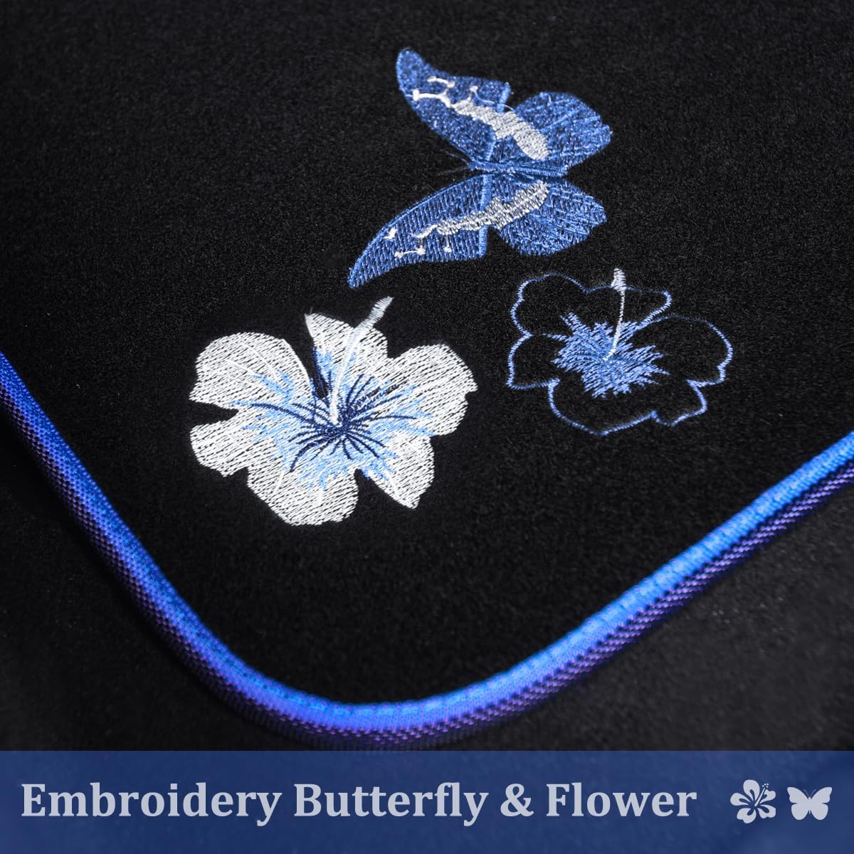 CAR PASS Universal Fit Embroidery Butterfly and Flower Car Floor Mats, Blue Car Floor Mats Fit 95% Automotive,SUVS,Sedan,Vans,for Women,Girly,Set of 4 (Black with Blue)