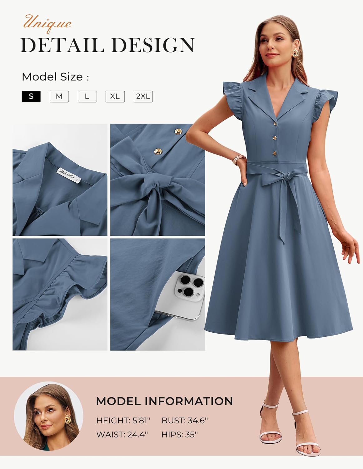 GRACE KARIN Womens Summer Midi Dress 2026 Flutter Short Sleeve Business Casual Dress Button Down Work Dresses with Pockets