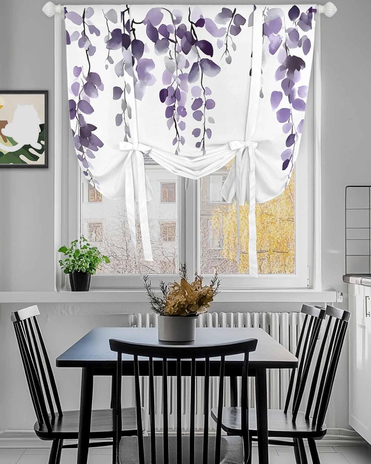 Tie Up Curtains for Windows Watercolor Purple Eucalyptus Leaves Rod Pocket Tie-Up Window Shade Adjustable Balloon Curtain Valance Country Plant for Bedroom Kitchen Bathroom Blinds,52x63in