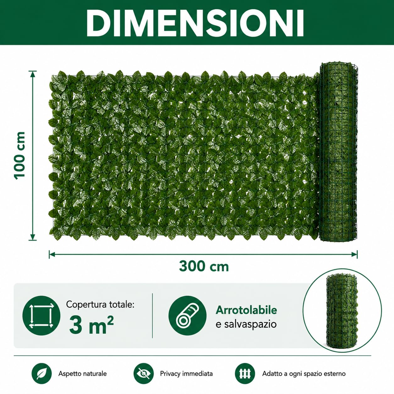 Siepe Artificiale 1x3 m, Siepe Finta Frangivista per Balcone e Giardino, Rete Privacy con Foglie di Edera Artificiali, Copri Ringhiera Decorativo per Recinzione Esterno, Verde