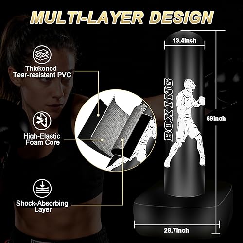 Miniatura 4 de Punching Bag for Adults, 70" Boxing Bag with Stand, Freestanding Heavy Bag with Boxing Gloves, Reflex Ball Set, Kickboxing Bag Training Equipment
