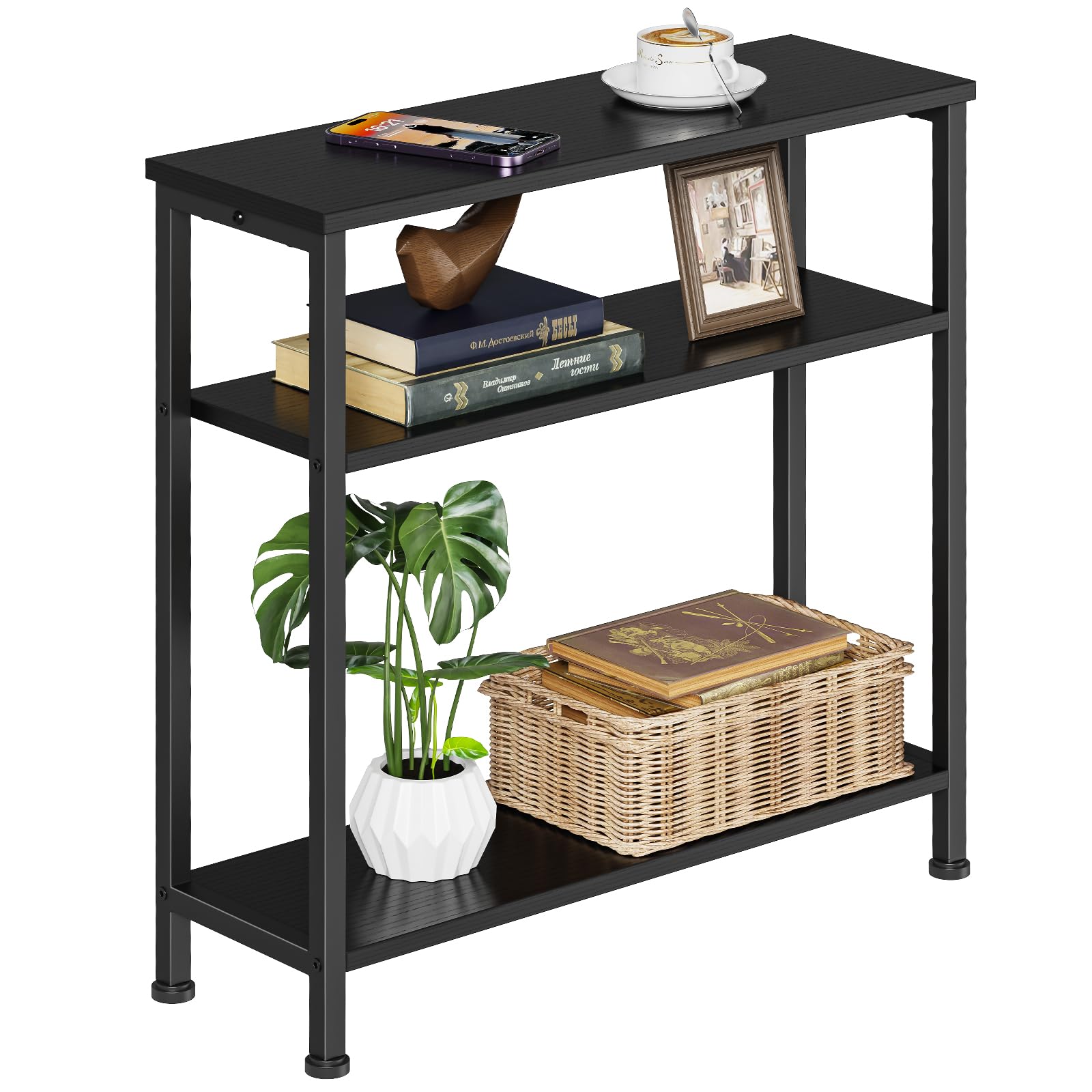 Asgolion 3-Tier Side Table, Compact End Table, Slim Sofa Table for Tight Spaces, Narrow Nightstand, for Living Room, Bedroom, Office, Black