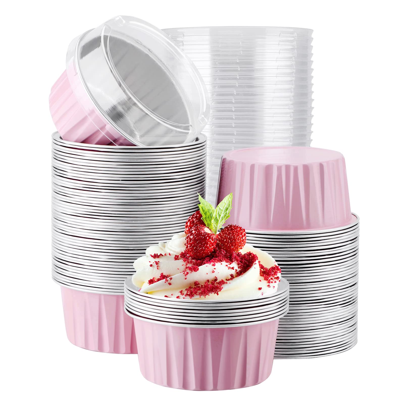 Eusoar Lot de 100 ramequins jetables 125 ml avec couvercles, ramequins à crème brulee, en aluminium pour gâteaux, moules à gâteaux, moules à pâtisserie 125 ml, rose.