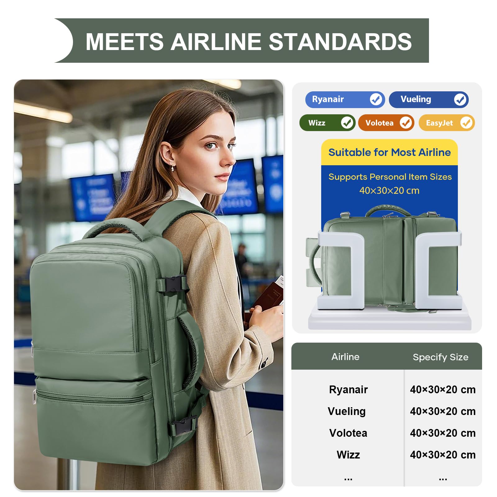 Mochila Viaje Cabina Avion 40x30x20 Al Vacio con Bomba Mochila Ryanair Cabina 40x30x20 Compresible Al Vacio Mochilas De Viaje para Avion Hombre Mujer Verde