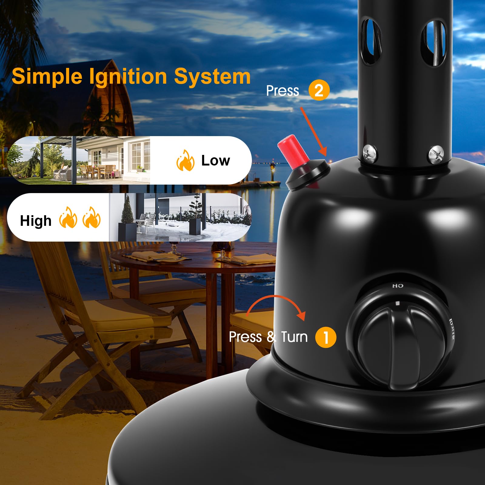 SOARS Fungo Riscaldante per Esterno a Gas 4000 W, Riscaldatore Portatile da Tavolo, con Raggio Termico di 1,37 M, Temperatura Regolabile, Tubo del Gas da 2 M, per Terrazza, Giardino, Cortile (Nero)