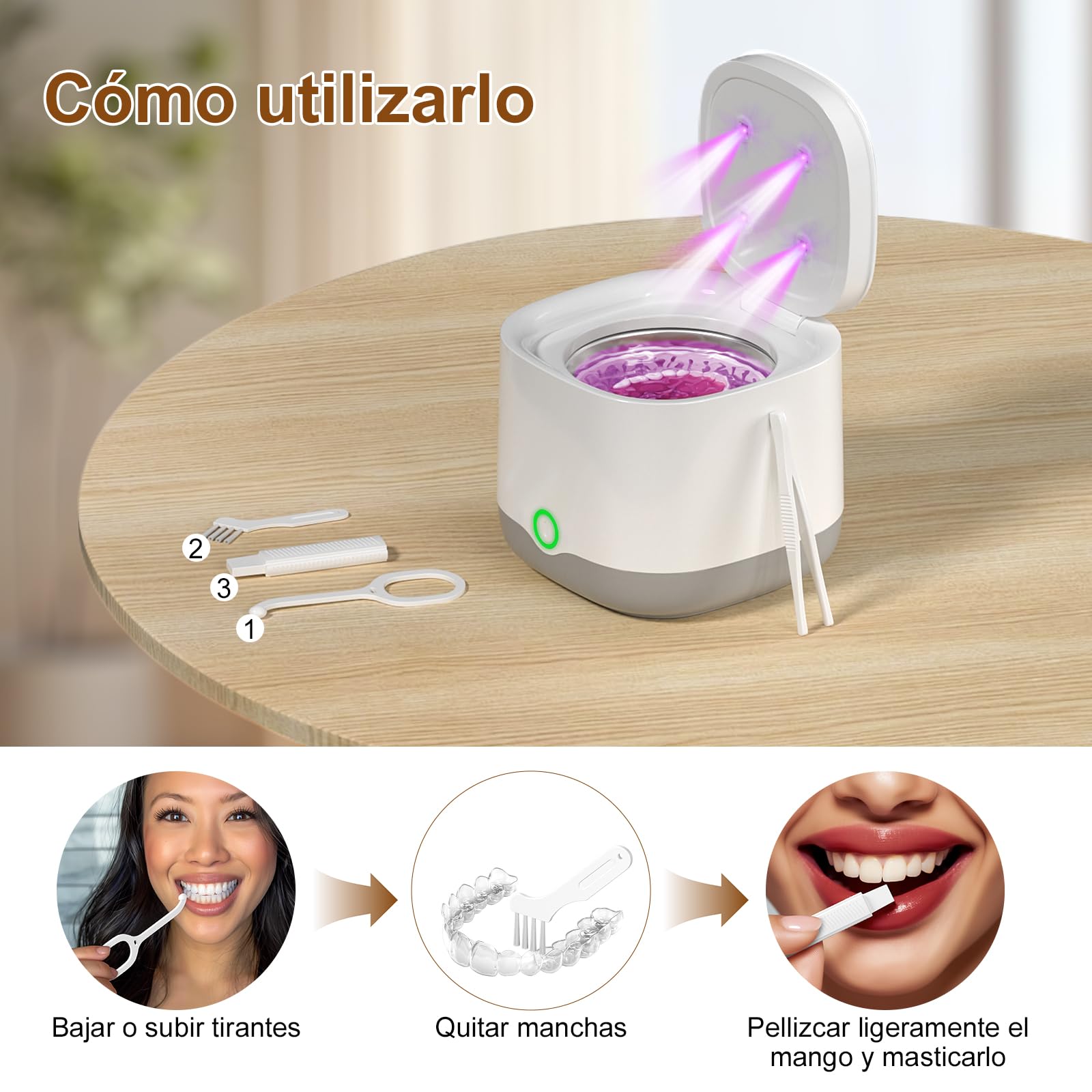 Limpiador Ultrasonidos Portátil 45000Hz con Luz UV | 24W 200ml | Para Prótesis Dentales, Retenedores, Alineadores, Férulas, Joyas | Cámara de Limpiador Ferula Dental