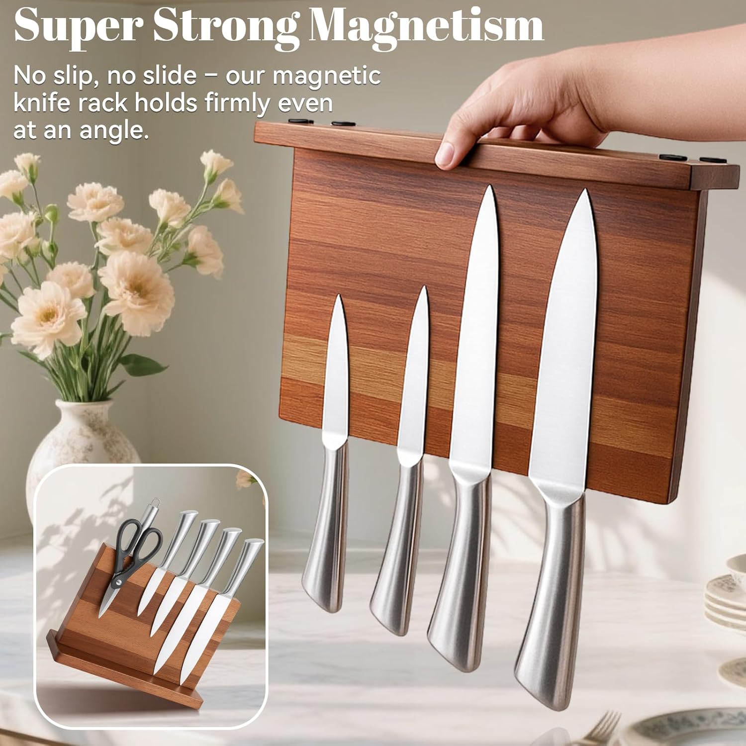 Qoosea Magnetic Knife Block without Knife: Knife Holder with Double-Sided Strong Magnetic, Acacia Wood Material, Universal Holder for Kitchen Cooking Outdoor Picnic Cutlery Storage 12 x 8.5 Inches