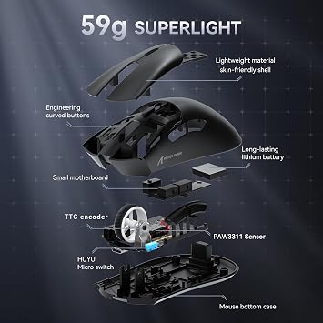 ATTACK SHARK R1 59g SUPERLIGHT Fare, PixArt PAW3311 Oyun Sensörü, BT/2.4G Kablosuz/Kablolu Oyun Faresi, 18000'e kadar 6 Ayarlanabilir DPI, 65 Saat Pil (Siyah)
