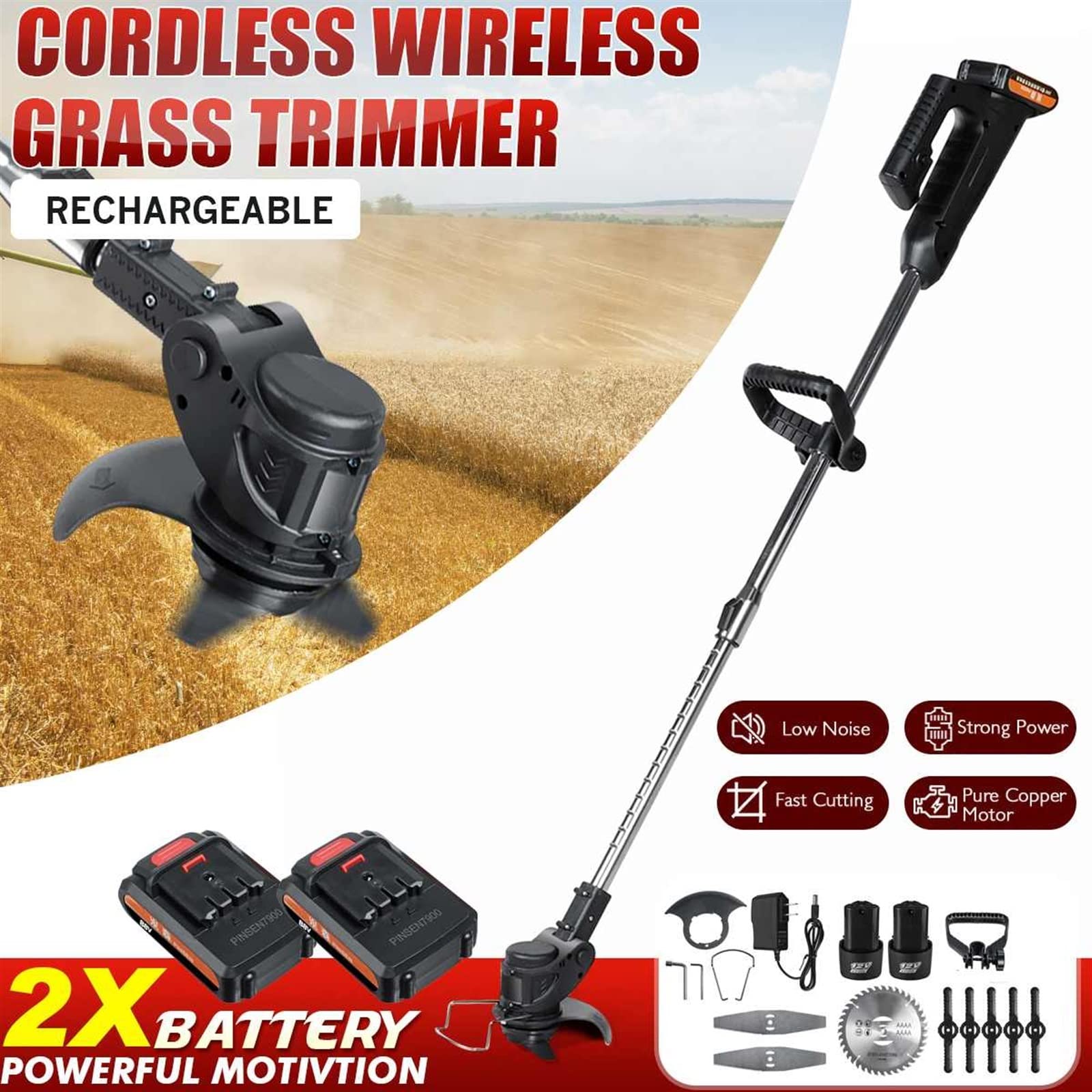 Cortacésped eléctrico inalámbrico de 24V y 1000W, Kit de cortacésped inalámbrico de 10000RPM con 2 baterías de iones de litio, mango ajustable, herramientas de jardín