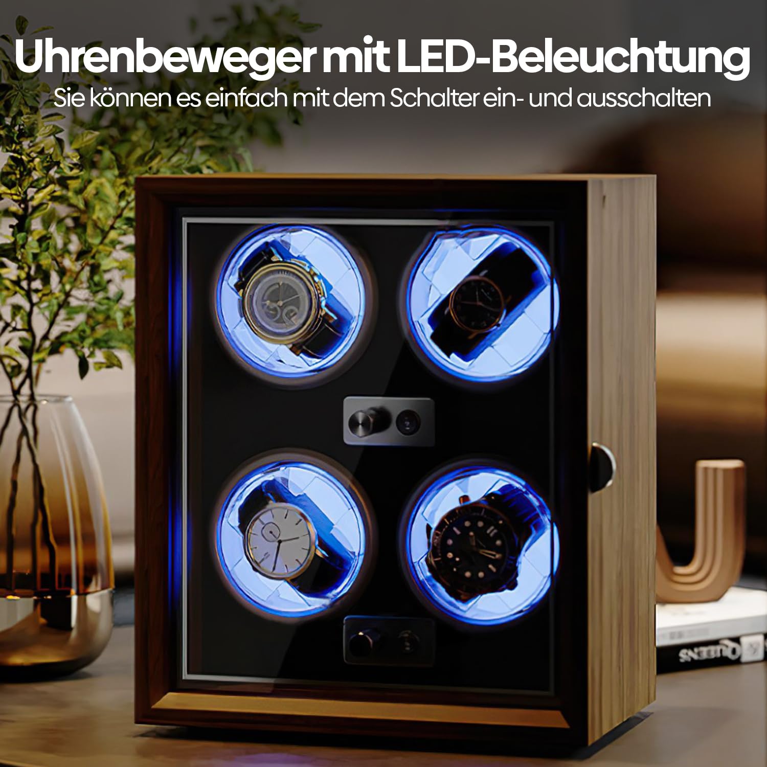 Olvy Uhrenbeweger für 4 Uhren, Watchwinder Box, Extrem Leiser Mabuchi Motor, Flexiblem Uhrenkissen, Watch Winder