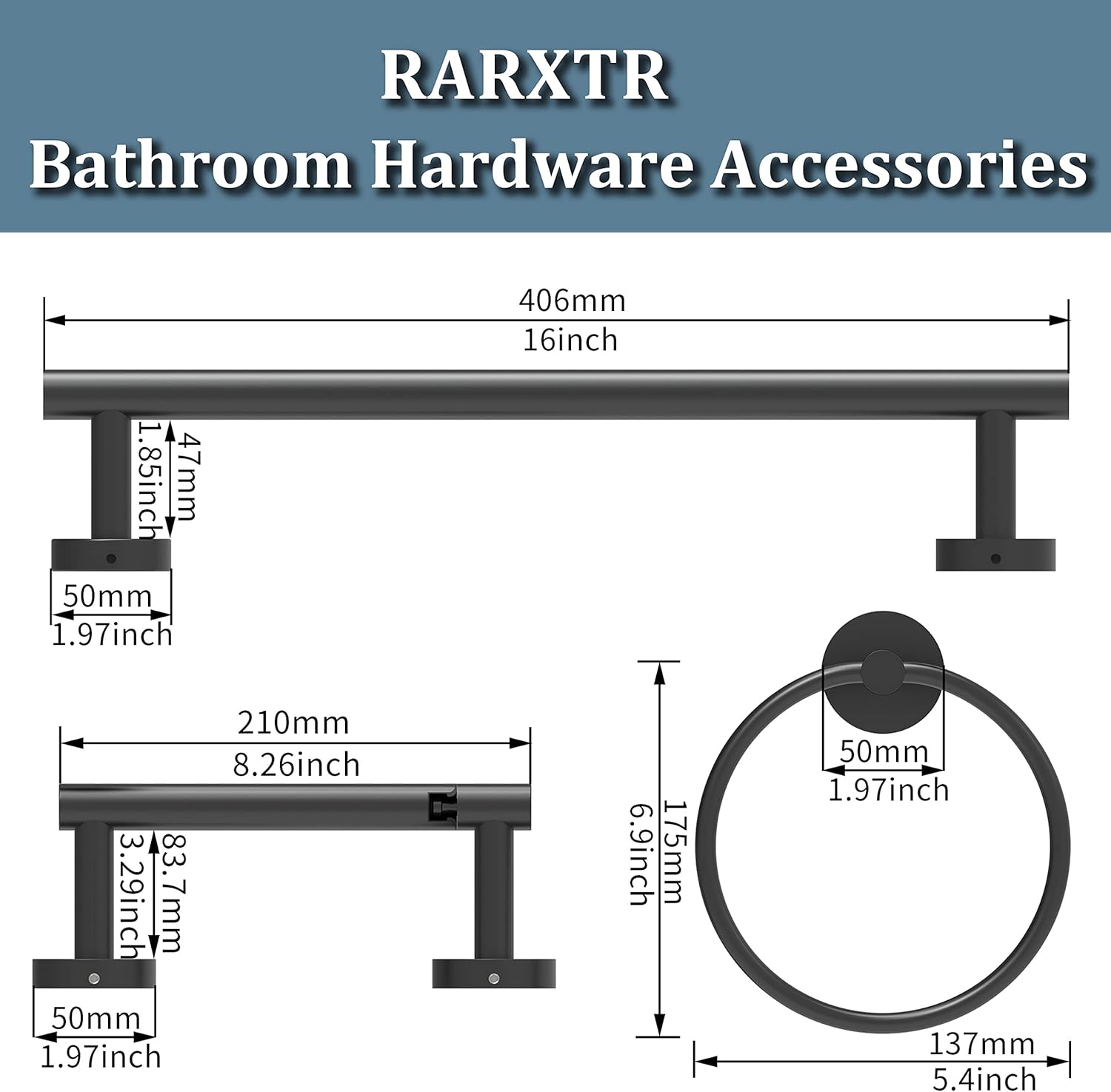 3pc Bathroom Hardware Set with Matte Black Toilet Paper Holder & Towel Ring & Towel Bar SUS304 Stainless Steel Toilet Paper Roll Holder Wall Mount & Bathroom Towel Holder & Towel Rack Set